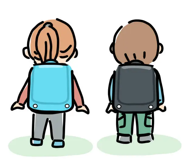 Vector illustration of Rear view of two children carrying school bags on their backs