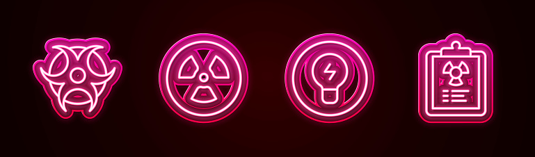 istock Set line Biohazard symbol, Radioactive, Light bulb with concept of idea and Radiation warning document. Glowing neon icon. Vector 1803968185