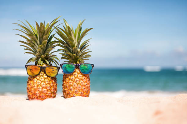 Two pineapples with trendy sunglasses in tropical paradise