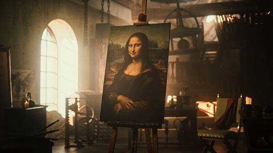 Renaissance Aesthetics: Empty Shot with no People Presenting the Famous Painting of the Mona Lisa Resting on an Easel Stand in an Old Art Workshop. Recreation of Leonardo Da Vinci's Creative Space