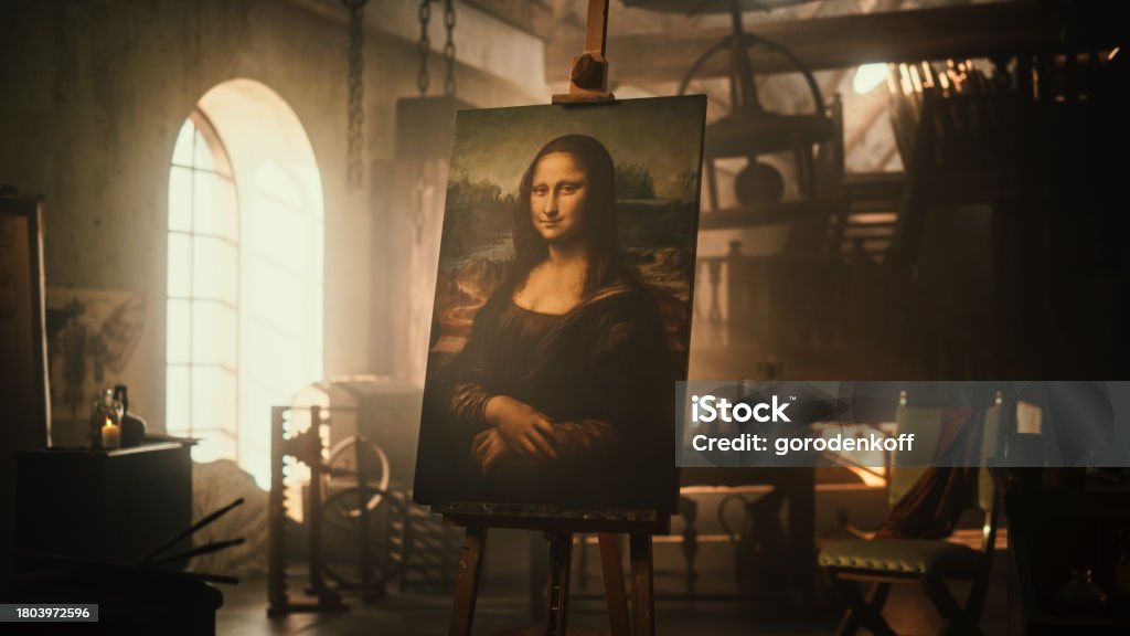Renaissance Aesthetics: Empty Shot with no People Presenting the Famous Painting of the Mona Lisa Resting on an Easel Stand in an Old Art Workshop. Recreation of Leonardo Da Vinci's Creative Space Antique Stock Photo