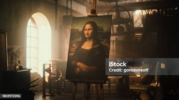 Renaissance Aesthetics Empty Shot With No People Presenting The Famous Painting Of The Mona Lisa Resting On An Easel Stand In An Old Art Workshop Recreation Of Leonardo Da Vincis Creative Space Stock Photo - Download Image Now