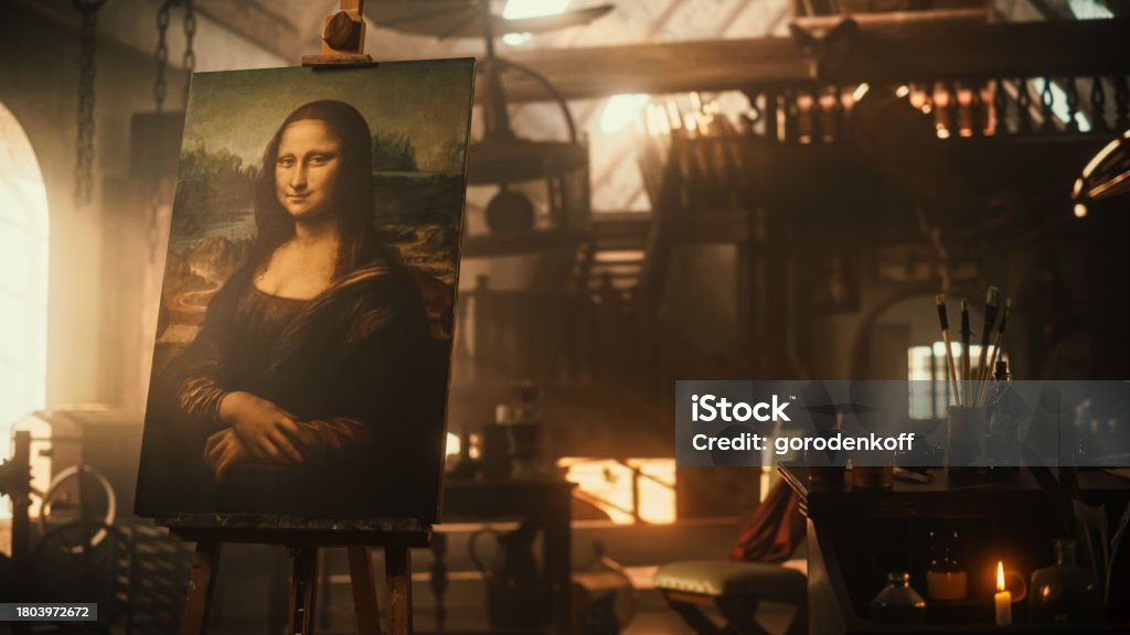 Renaissance Aesthetics: Empty Shot with no People Presenting the Famous Painting of the Mona Lisa Resting on an Easel Stand in an Old Art Workshop. Recreation of Leonardo Da Vinci's Creative Space Antique Stock Photo