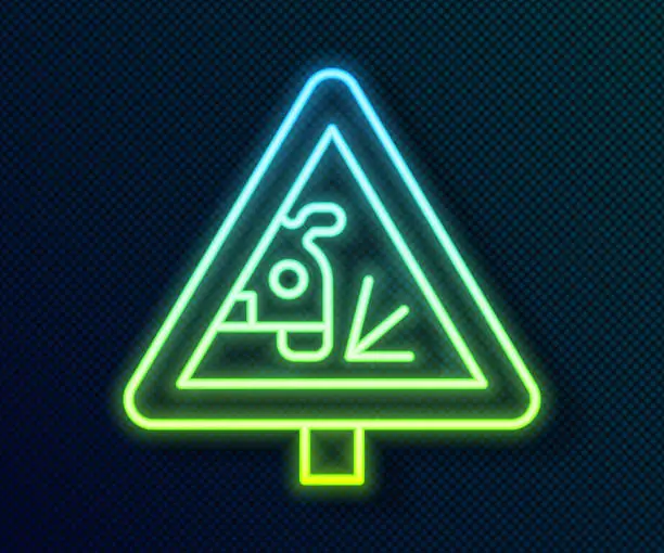 Vector illustration of Glowing neon line Warning road sign throwing stone materials icon isolated on black background. Traffic rules and safe driving. Vector