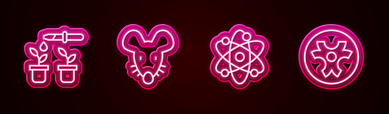 istock Set line Pipette and plant, Experimental mouse, Atom and Biohazard symbol. Glowing neon icon. Vector 1803981040