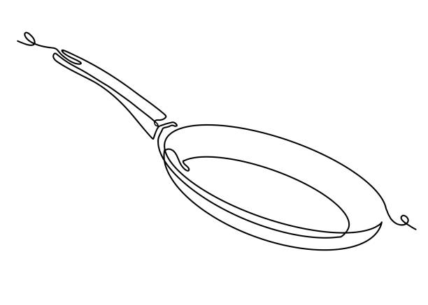 stockillustraties, clipart, cartoons en iconen met frying pan continuous line icon - gebakken in de pan