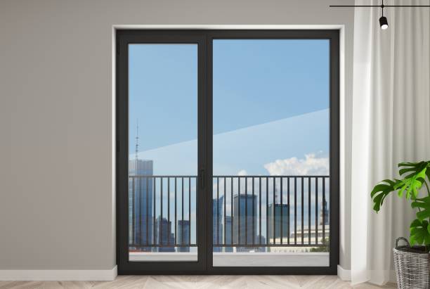 istock Black plastic balcony door with a window 1803993248