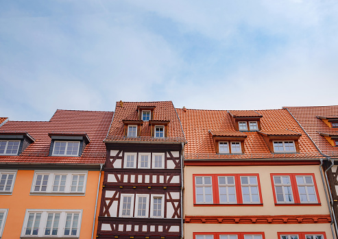 scenic view to facade of old historic houses somewhere in Erfurt city, Traditional half-timbered houses makes cozy and fairy tail mood