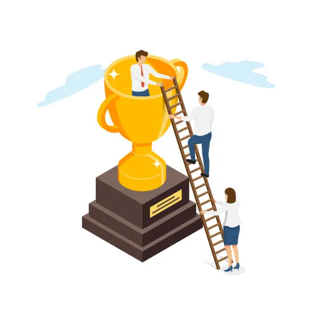 Vector illustration of Isometric teamwork concept. colleagues to climb up ladder step on winning trophy. illustrator vector.