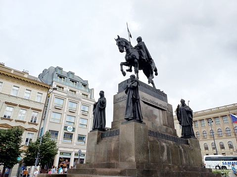 Prague, Czechia - June 9, 2023: Statue of Saint Wenceslas at Wenceslas Square, Prague city, Czech Republic.