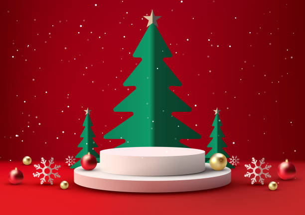 istock 3D Realistic White Christmas Podium on Red Background for Product Display 1804001633