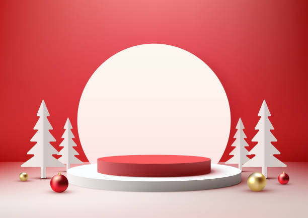 istock Christmas Podium Decoration with Pine Tree, Gold and Red Balls 1804001649