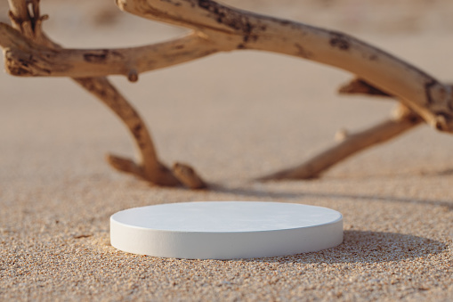 Empty round white platform podium and dry tree twig on the beach. Minimal creative composition background
