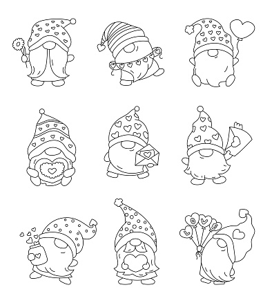 Cute love gnomes cartoon characters. Coloring Page. Funny romantic elf with hearts, gifts, flowers for Valentines Day and Mothers Day. Hand drawn style. Vector drawing.