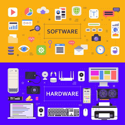 Software and hardware concept illustrations with set of icons of applications, programs, gadgets, devices, peripherals, multimedia. Vector backgrounds in flat style with hardware and software symbols.