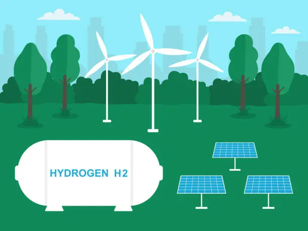 Vector illustration of Hydrogen Energy Storage Gas Tank, Solar Panels And Wind Turbines In The Forest. Environmental Conservation, Clean And Ecological Energy Concept