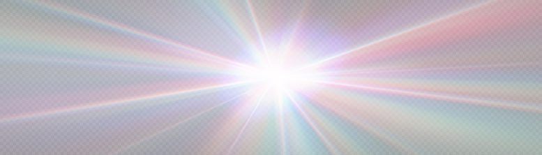 Sparkle  reflection effect of the rainbow crystal glare shines in the form of a star. Optical rainbow lights, from the sun, glare of rays, overlapping stripes. Vector lenses and light flares effect