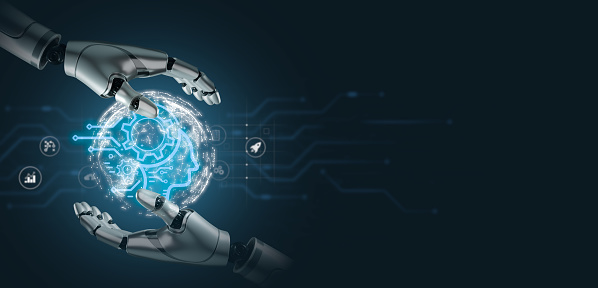 Step into the realm of advanced technology as two robot hands join forces to showcase the wonders of AI. Witness the seamless data processing, system connection, and data protection on virtual screens, ensuring a secure future in the face of technological threats
