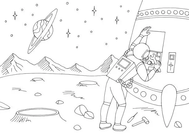 Vector illustration of Astronaut repairs a rocket on alien planet graphic black white space landscape sketch illustration vector