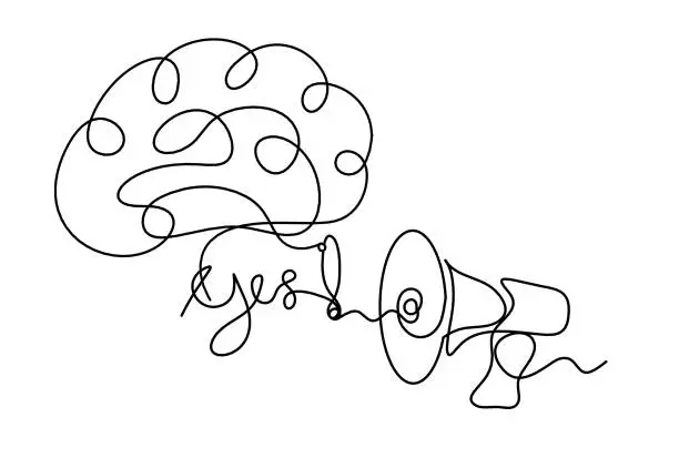 Vector illustration of Abstract megaphone and brain as continuous lines drawing on white