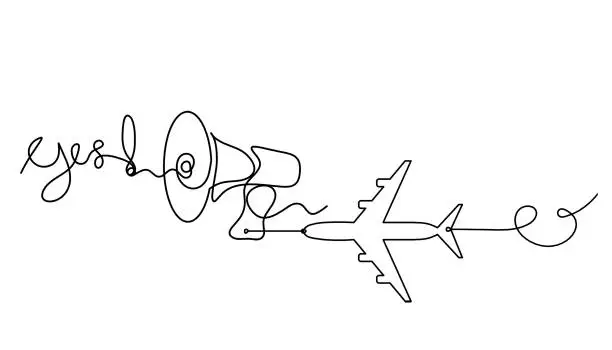 Vector illustration of Abstract megaphone and plane as continuous lines drawing on white