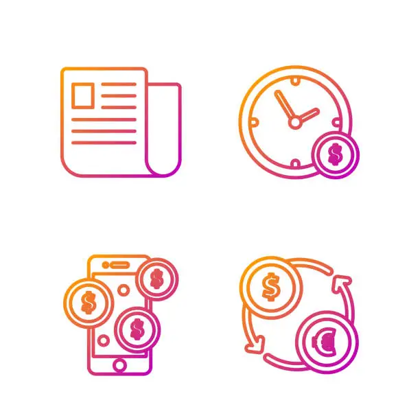 Vector illustration of Set line Money exchange, Smartphone with dollar symbol, File document and Time is money. Gradient color icons. Vector