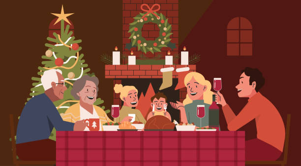 Cozy Family Dinner and Fireplace Warmth in Christmas Celebration vector art illustration