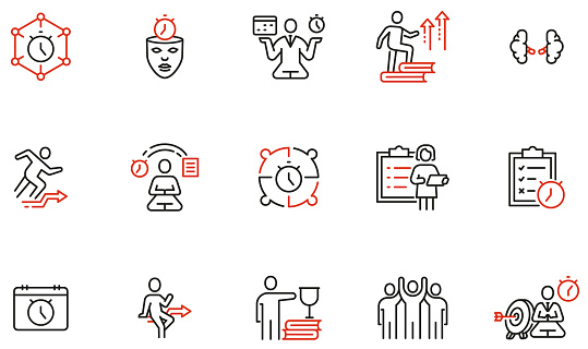 Vector Set of Linear Icons Related to Striving for development, Self-realization, Desire for Success, Organization of Work Process. Mono line pictograms and infographics design elements