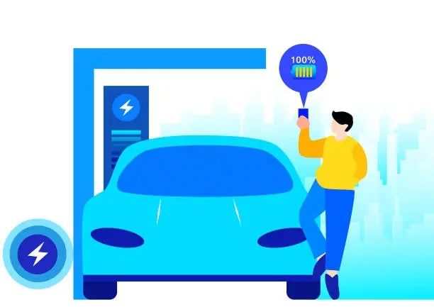 Vector illustration of The man charged the new energy car