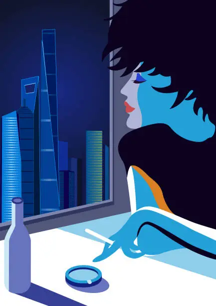 Vector illustration of Smoking fashionable women looking out the window at the city view