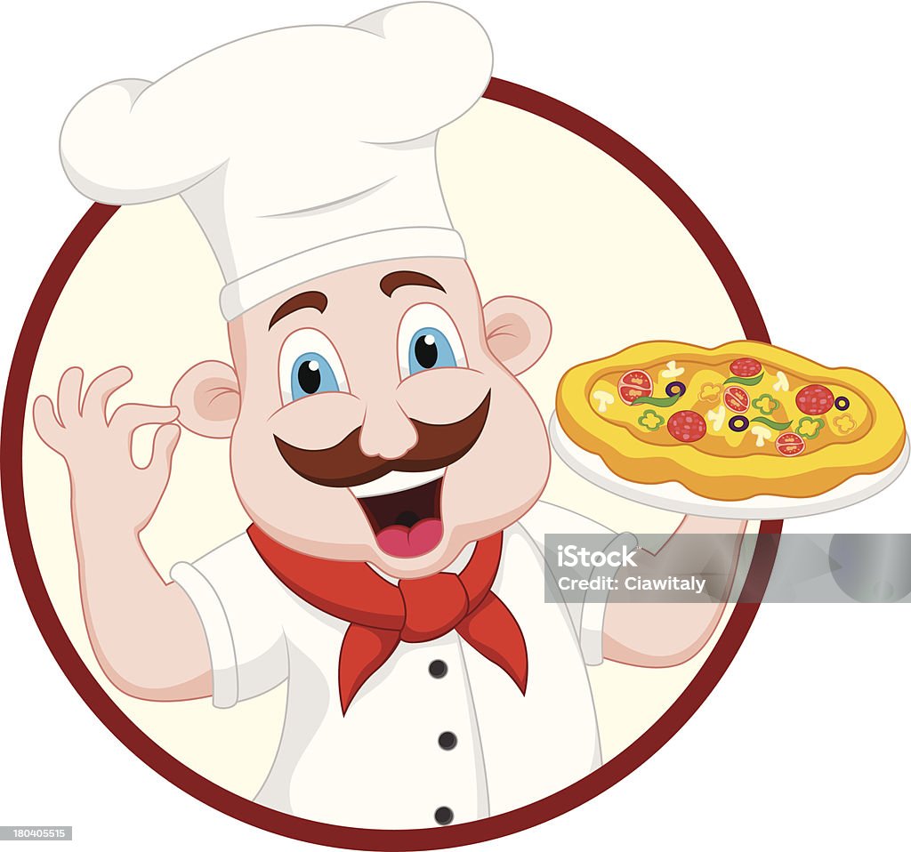 Chef personaje de historieta con la Pizza - arte vectorial de Adulto libre de derechos