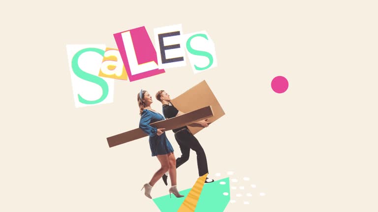 Cheerful young people, man and woman, carrying cardboard boxes bought on low price. Concept of shopping, Black Friday. Stop motion animation