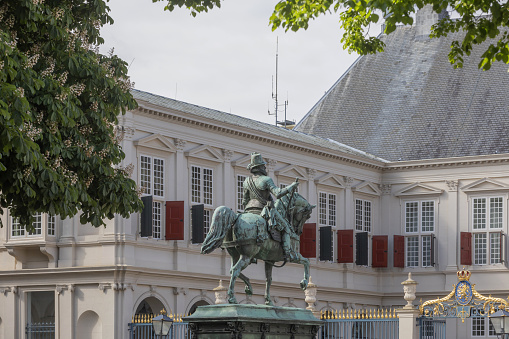 The Hague, The Netherlands - May 24, 2023; equestrian statue of Willem van Oranje in The Hague by artist Émile de Nieuwerkerke in 1845