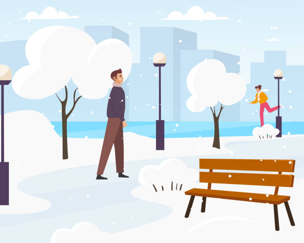 ilustrações de stock, clip art, desenhos animados e ícones de winter_cityscape - snow winter bench park