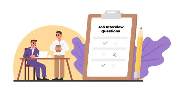 Vector illustration of HR sitting at table with computer and asking job interview questions