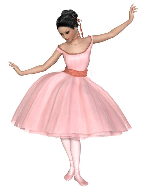 Illustration of a cute Asian ballerina dancing in a pink Romantic style tutu, 3d digitally rendered illustration