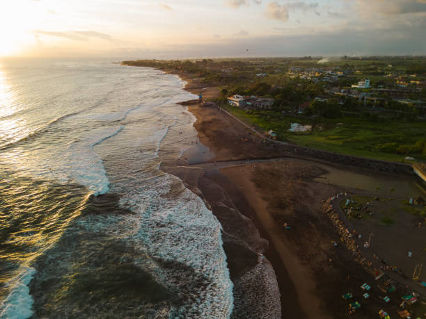 Aerial view of scenic beach on Bali at sunset