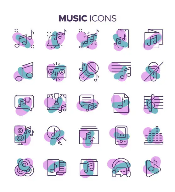 Vector illustration of Colorful Music Icon Set - Audio, Noise, Headphones, Radio, Microphone, MP3 Player, Symbol, Speaker, Recording Studio, Sound Mixer
