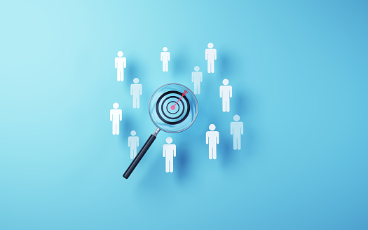 3d Render Target icon selected in metallic magnifying glass on soft blue background, hit the target at 12, recruiting, focus, leader concept (close-up)