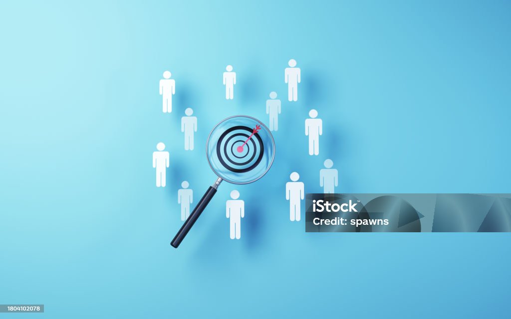 Target icon selected in metallic magnifying glass on soft blue background 3d Render Target icon selected in metallic magnifying glass on soft blue background, hit the target at 12, recruiting, focus, leader concept (close-up) Magnifying Glass Stock Photo