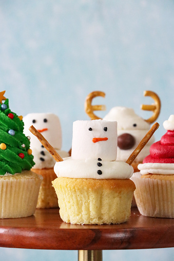 Stock photo showing close-up view of a cake stand containing a batch of freshly baked, homemade Christmas trees, snowmen, Santa hats and reindeers design cupcakes, displayed on icing sugar snow, against a pale blue background. Home baking concept.