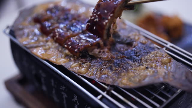 Japanese eel grilled by charcoal on Hoba leaf. Unagi Hoba Yaki.