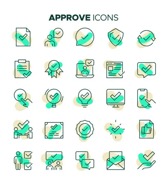 Vector illustration of Colorful Approve Icon Set - Checkmark, Validation, Examining, Finishing, OK Sign, Agreement, Data, Quality, Security, Certificate, Question Mark, Verification, Protection, Checklist