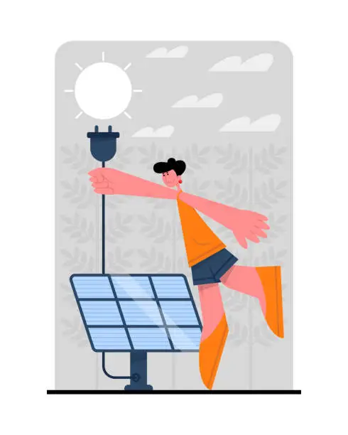 Vector illustration of Male charging from sunlight. Consumption of solar panel at home