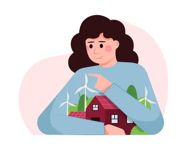 Vector illustration of Female holding house with plants and wind turbines near. Eco-technology for electricity generation