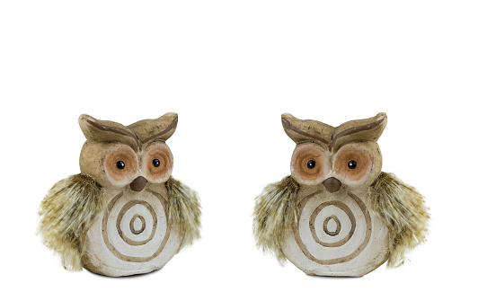 Owl figurine isolated on white background, different angle.