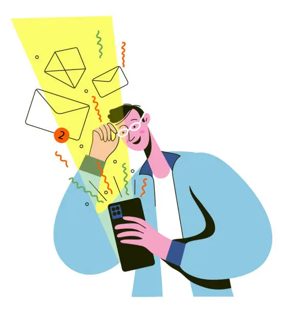 Vector illustration of Man getting good news by email. Surprised young guy reading positive messages on phone.