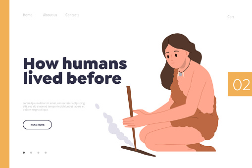 Landing page design template giving information how humans lived before during prehistoric period. History website vector illustration studying paleolithic time and neanderthal people old civilization