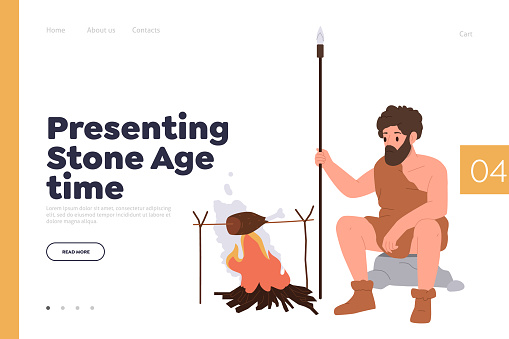 Presenting stone age time landing page template with tribesman character cooking on fire. Website vector illustration for ancient pre-literary history online service talking about old civilization