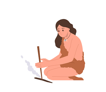Tribal woman flat cartoon character representative of old civilization making fire to cook food on warmth vector illustration isolated on white background. Early age people tribes life history